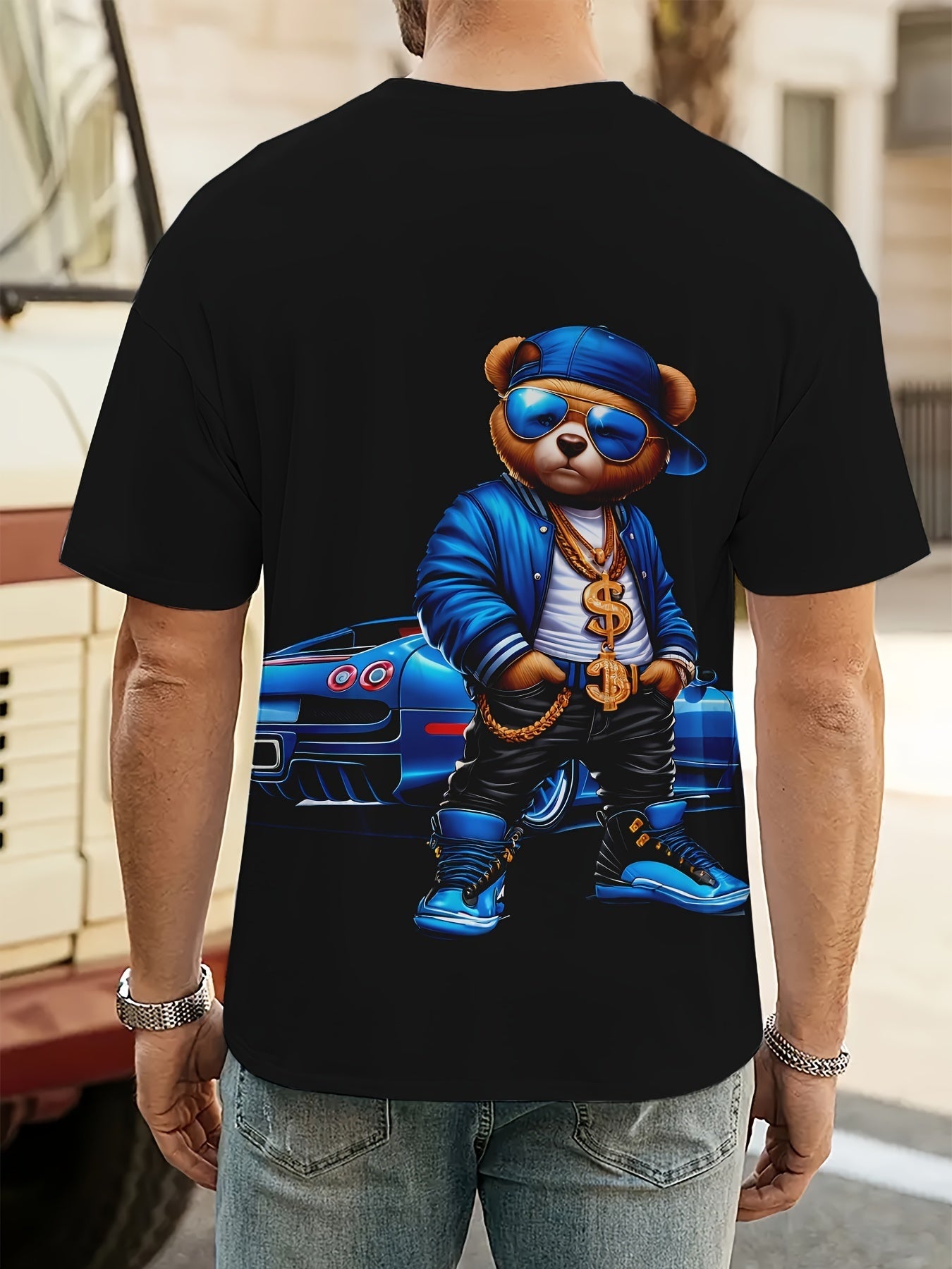 Men's Novelty T-shirt - Cool Bear Printed Casual Round Neck - Loose Short Sleeve - Cartoon Pattern T-shirt - Polyester Fabric - Easy To Care For