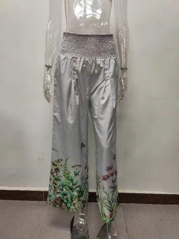 Elastic Printing High Waist Casual Wide Leg Pants With Pockets