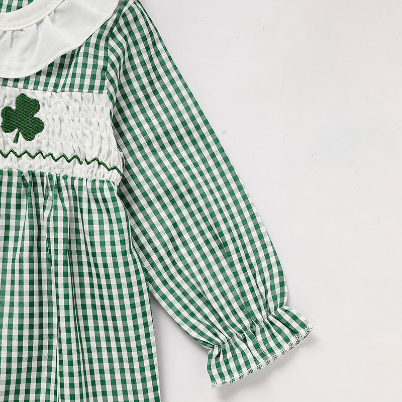 Ewborn Baby Girls Green Plaid Four-leaf Clover Allover Print One-piece Long Sleeve Bodysuit