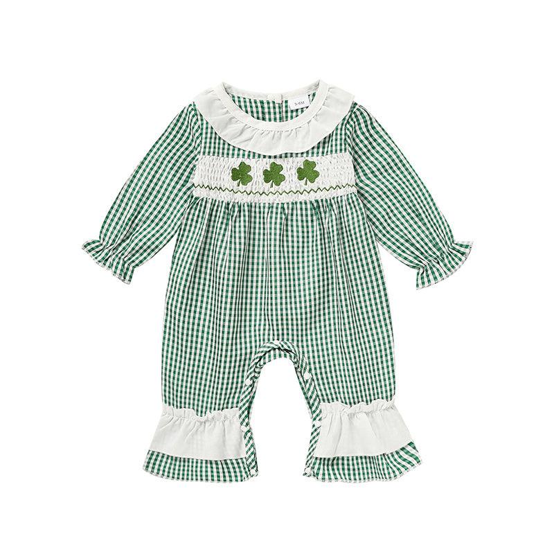Ewborn Baby Girls Green Plaid Four-leaf Clover Allover Print One-piece Long Sleeve Bodysuit