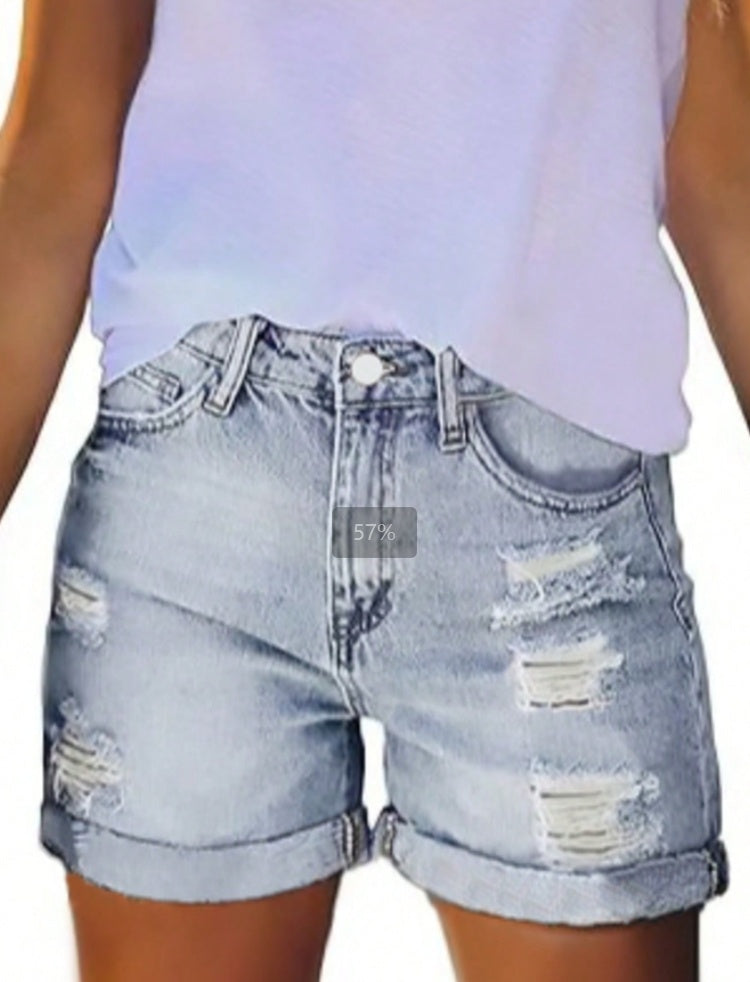 Womens Mid-High Rise Ripped Jean Shorts Distressed Stretchy Denim Shorts