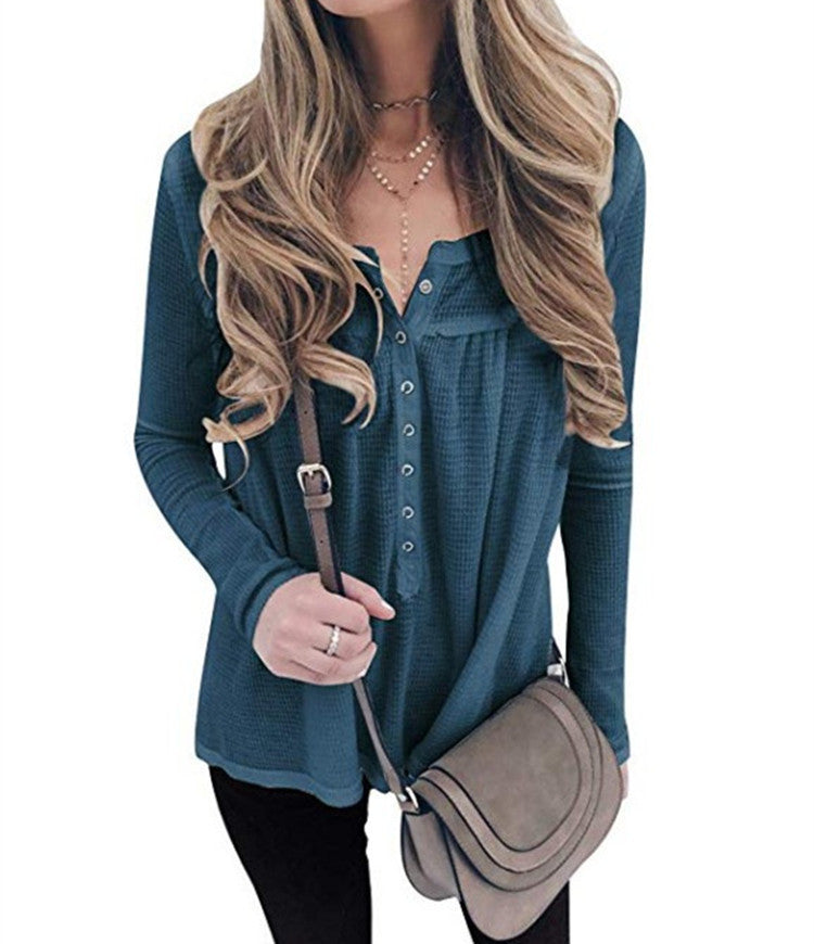 European And American Women's Waffle Loose Button Long-sleeved Top