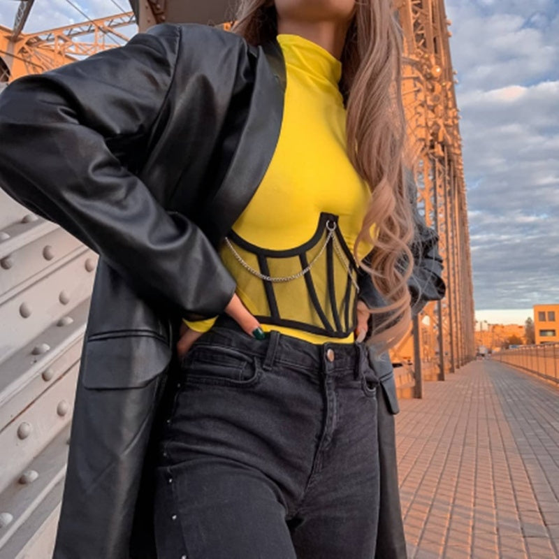 Punk Metal Chain Black Corset Mall Goth High Waist Corsets Harajuku Vintage Mesh See Through Waist Shaper Women Corsets