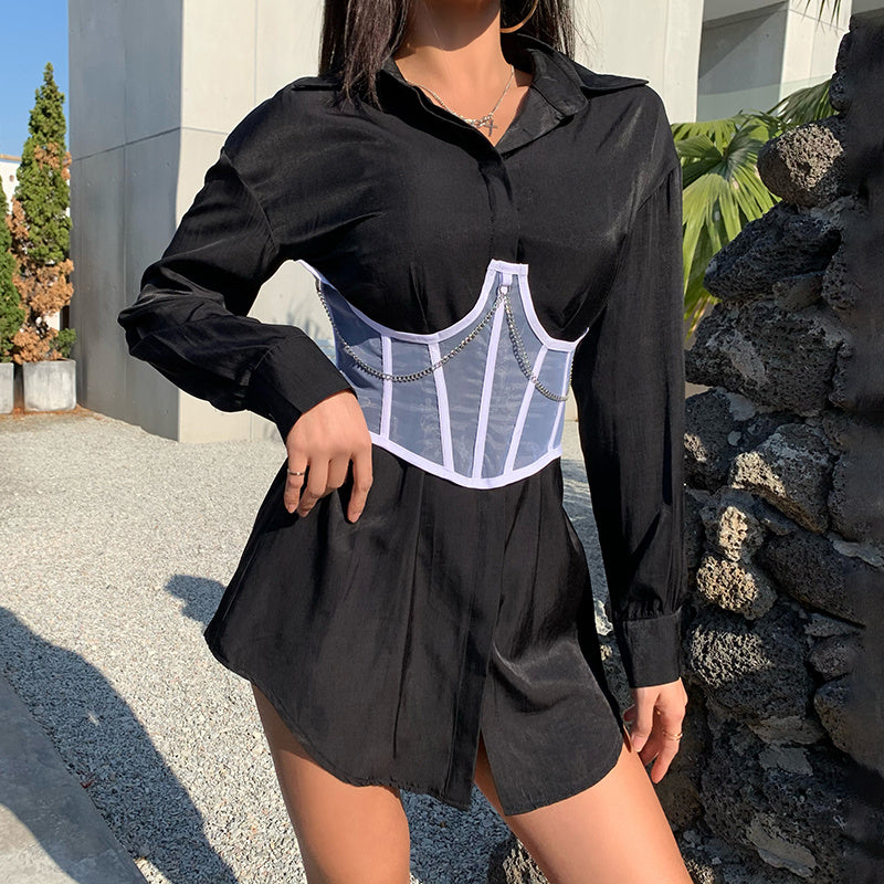 Punk Metal Chain Black Corset Mall Goth High Waist Corsets Harajuku Vintage Mesh See Through Waist Shaper Women Corsets