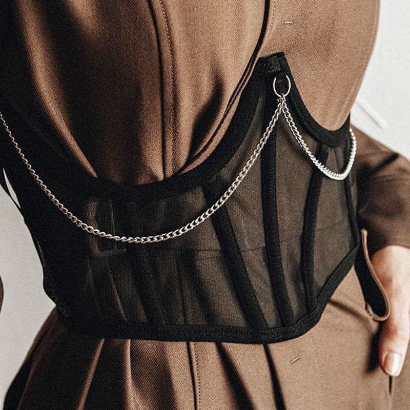 Punk Metal Chain Black Corset Mall Goth High Waist Corsets Harajuku Vintage Mesh See Through Waist Shaper Women Corsets