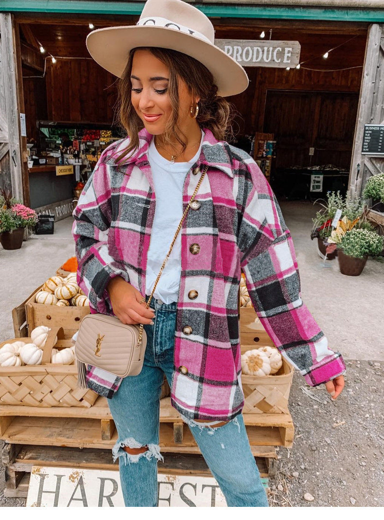 Long-Sleeved Lapel Loose-Fitting Women's Plaid Shirt