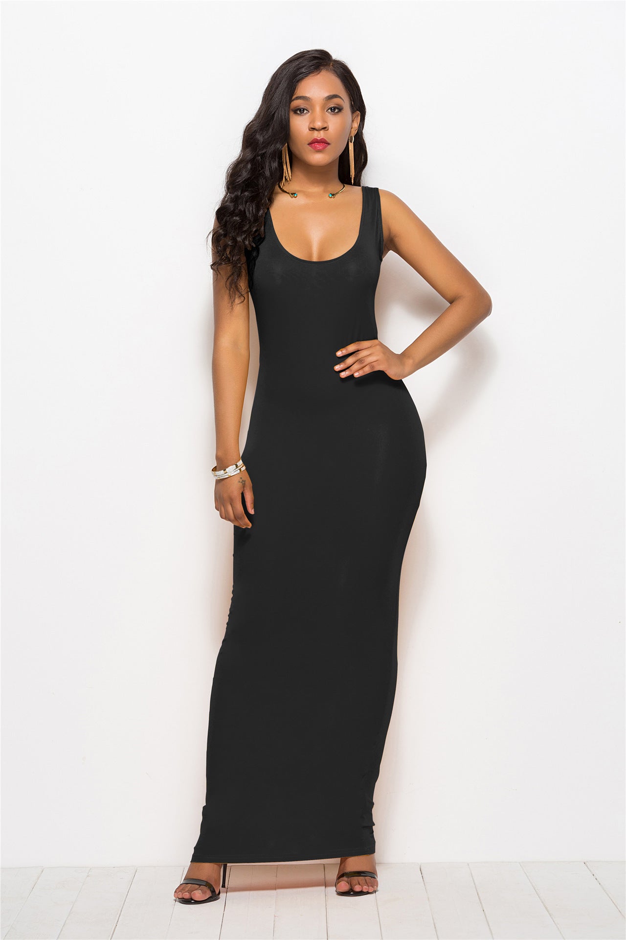 Elegant High Stretch Tank Robe Spring Summer Thin Long Dress O-neck Sleeveless