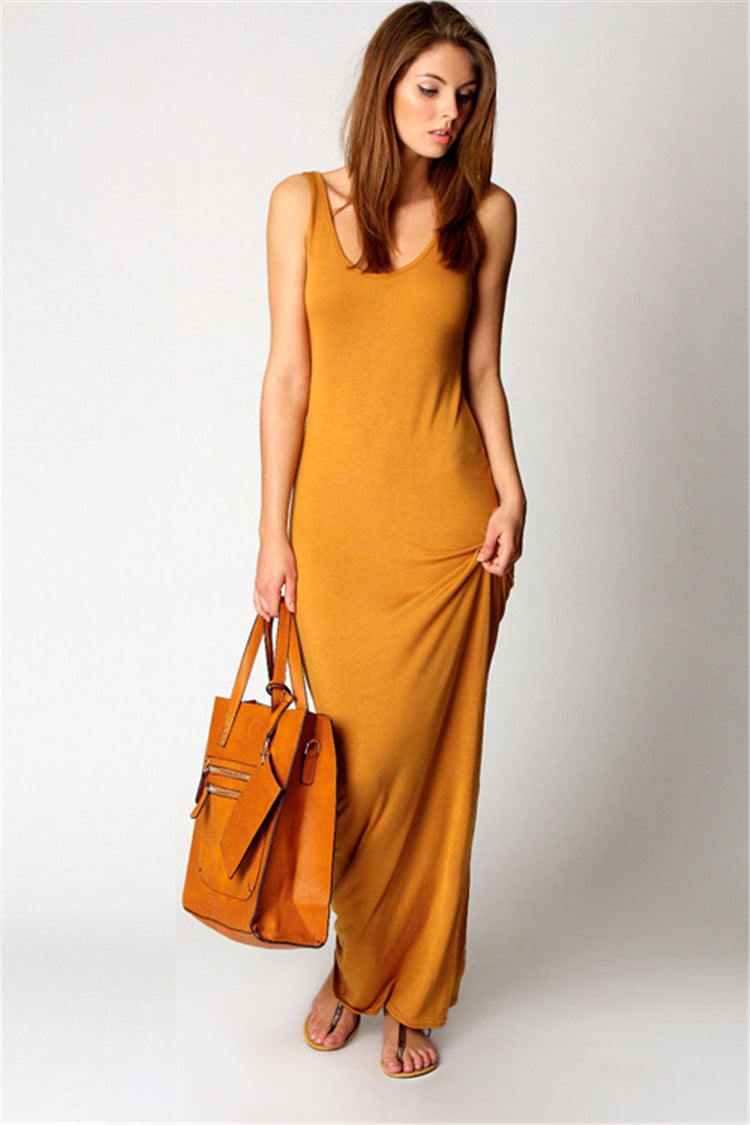 Elegant High Stretch Tank Robe Spring Summer Thin Long Dress O-neck Sleeveless