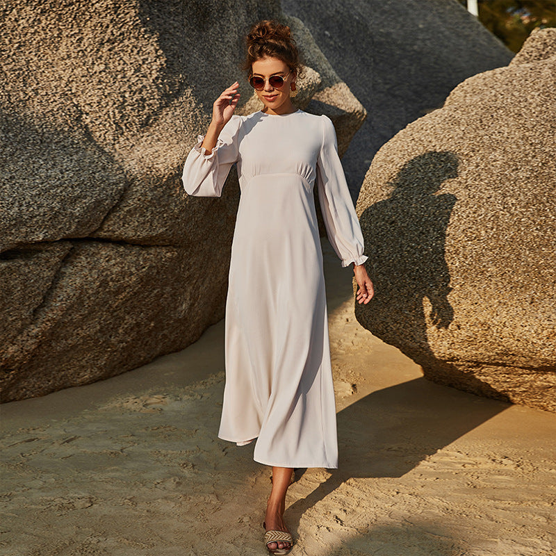 Pure Color Elastic Sleeve Long Sleeve Ladies Dress