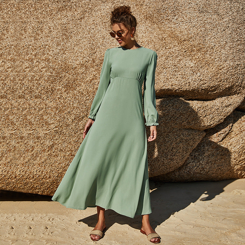 Pure Color Elastic Sleeve Long Sleeve Ladies Dress