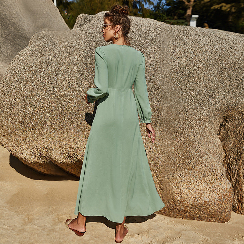 Pure Color Elastic Sleeve Long Sleeve Ladies Dress