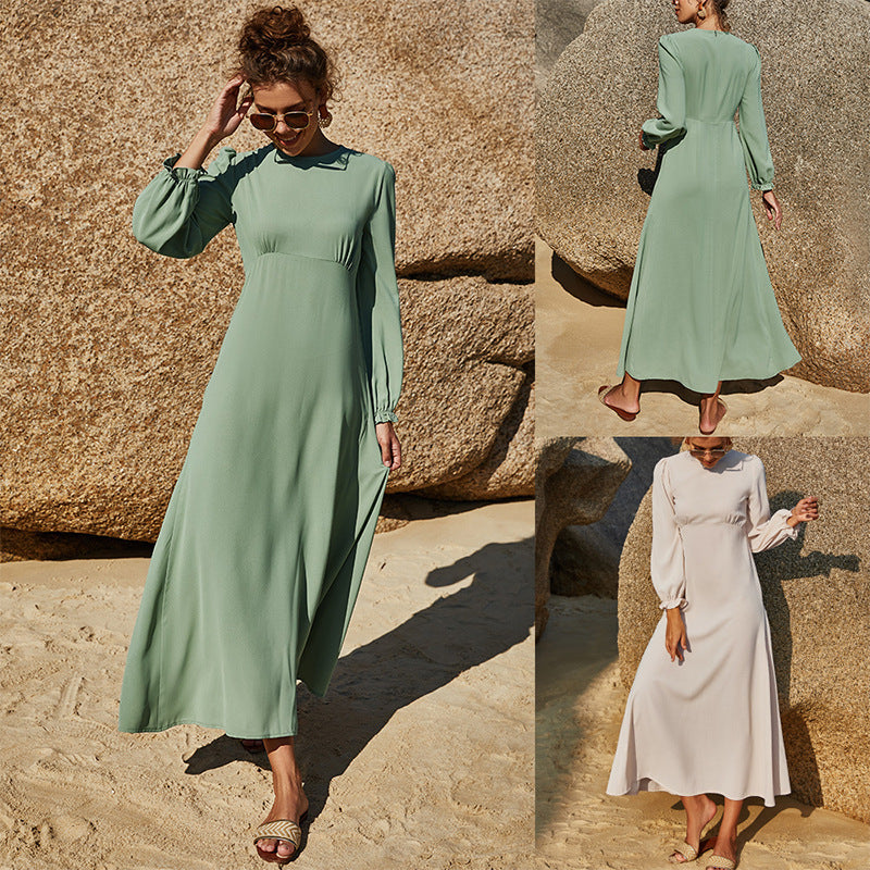 Pure Color Elastic Sleeve Long Sleeve Ladies Dress