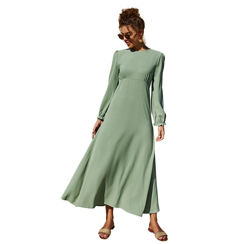 Pure Color Elastic Sleeve Long Sleeve Ladies Dress
