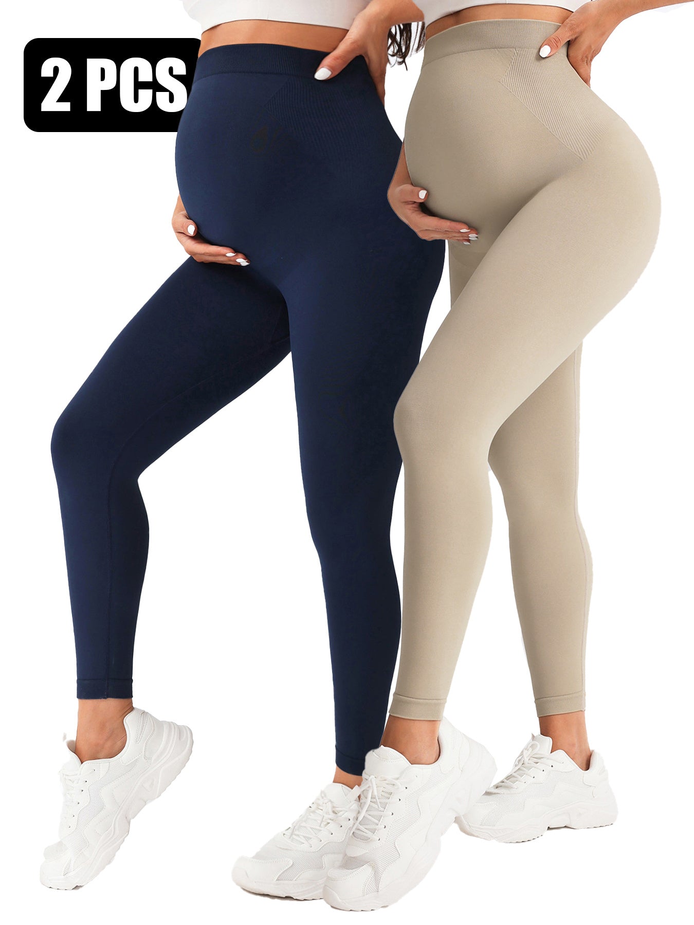 2 Pack Maternity High-Waisted Seamless Yoga Pants For Women - Tummy Support Fitness Leggings