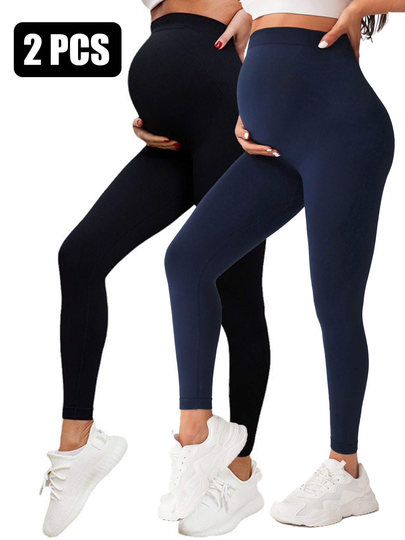 2 Pack Maternity High-Waisted Seamless Yoga Pants For Women - Tummy Support Fitness Leggings