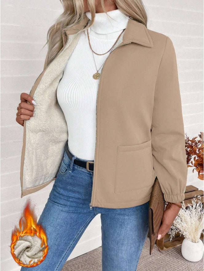 Casual Solid Color Zipper Fleece Jacket, Autumn Winter