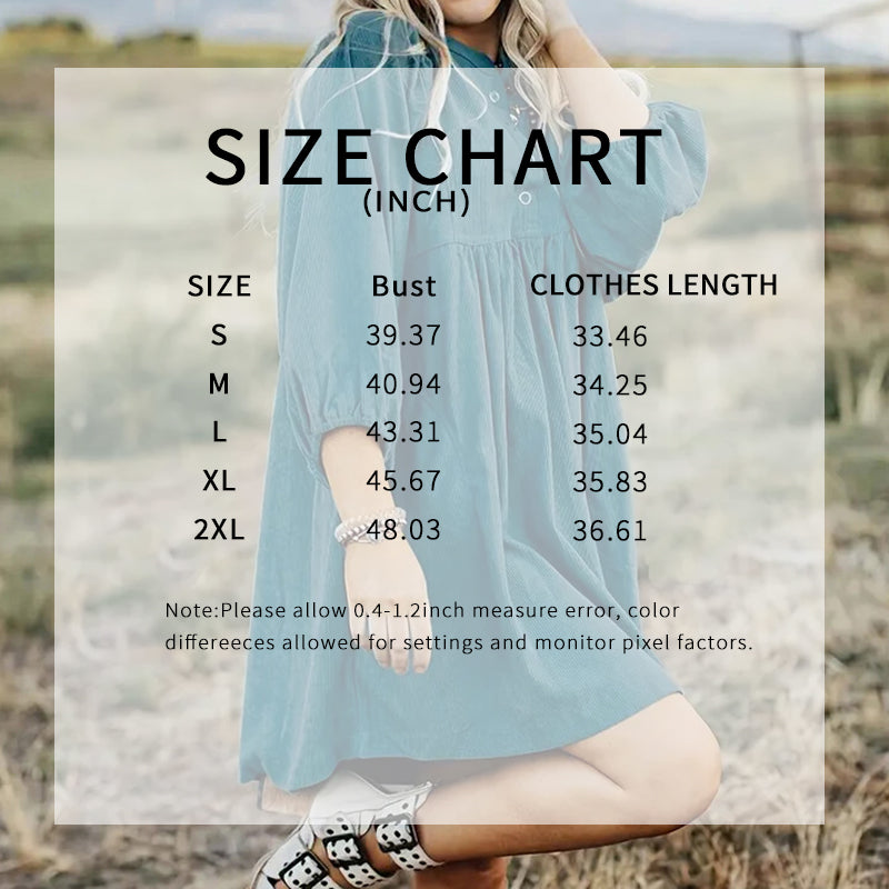 Women's Corduroy Empire Waist Dress, Button Up 3 4 Sleeve Mini Dress For Fall Winter