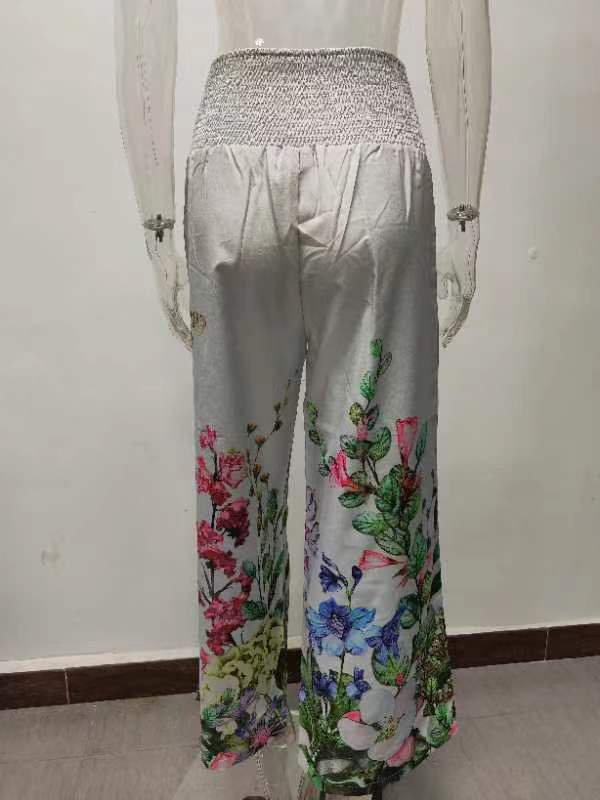 Elastic Printing High Waist Casual Wide Leg Pants With Pockets