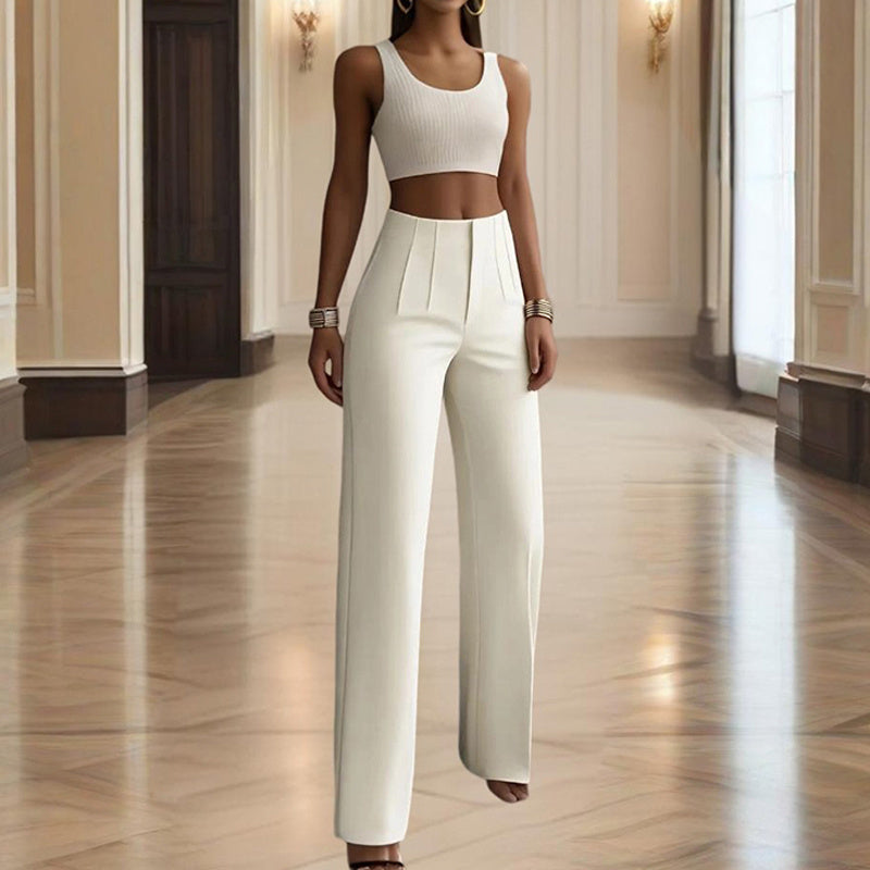 Women's High-Waisted Straight Leg Pants Casual Solid Color Pants With Button & Zipper Detail Comfortable Trousers With Pockets