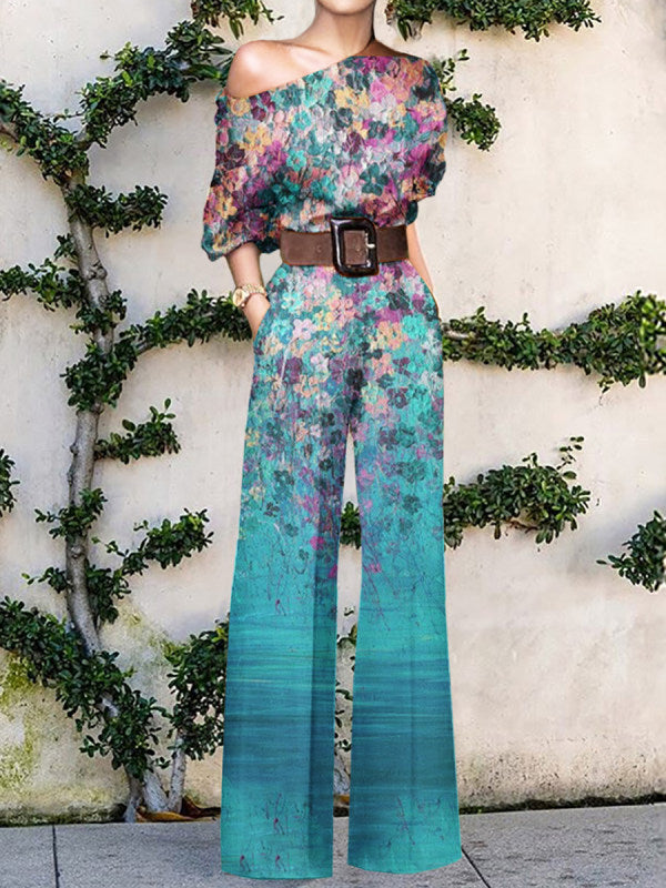 European American Fashion Floral Print One-shoulder High Waist Jumpsuit For Women