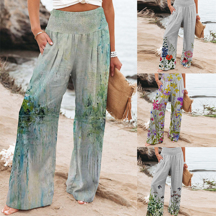Elastic Printing High Waist Casual Wide Leg Pants With Pockets