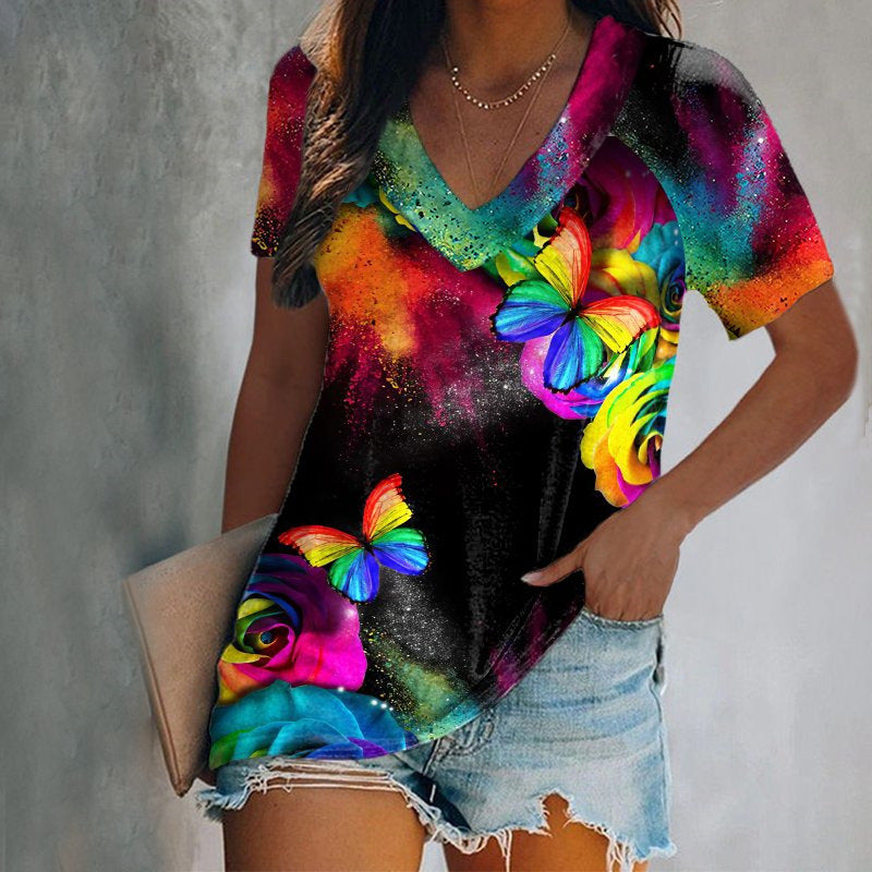 Gradient Tie-dye Printed V-neck Casual T-shirt Top