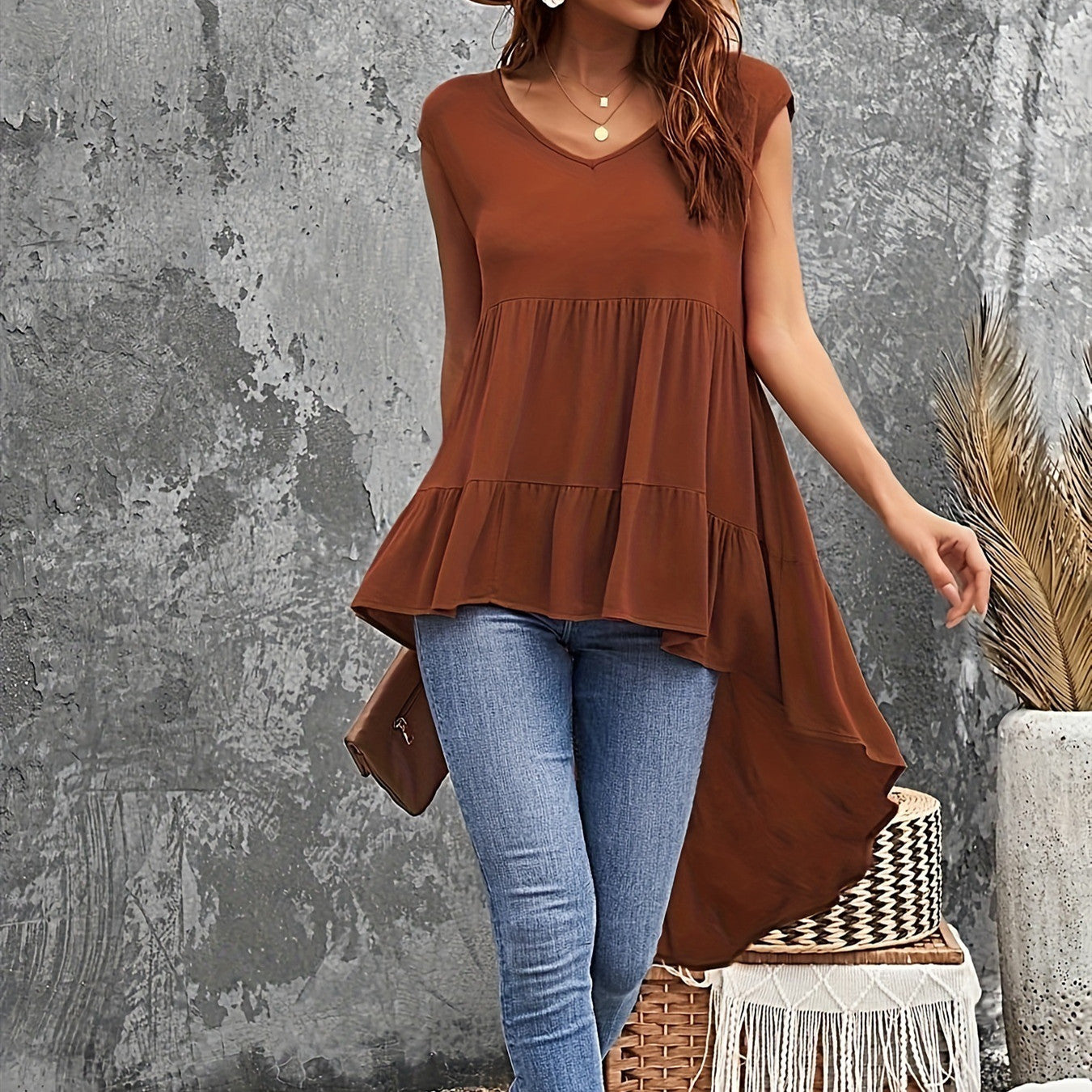 Brown V-neck Irregular Top Plus Size Women's Clothing