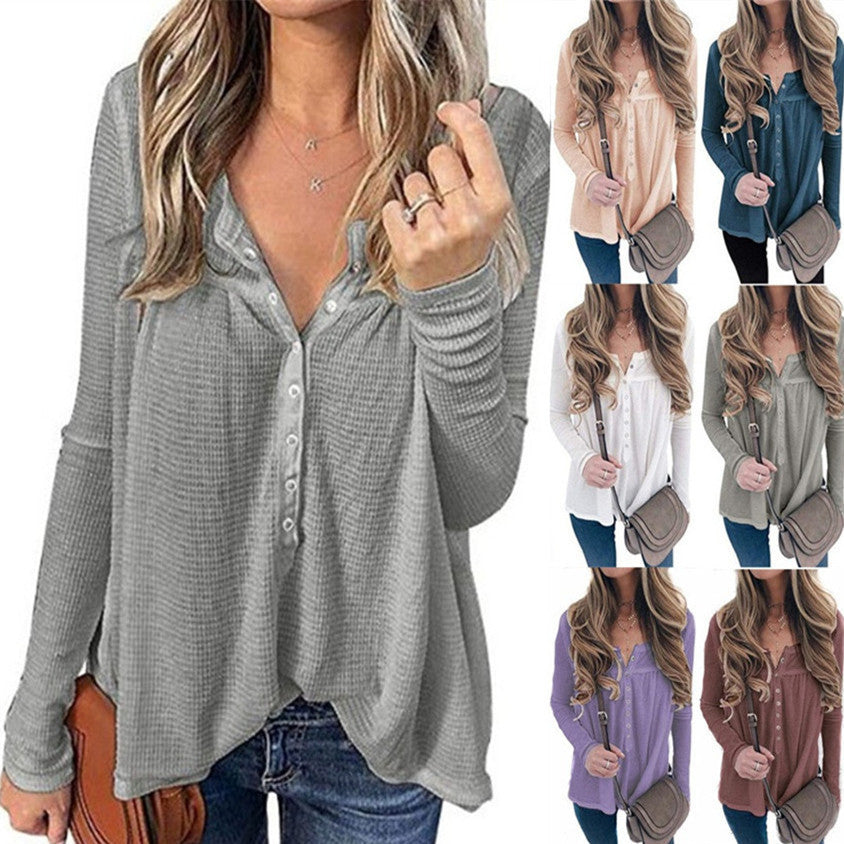 European And American Women's Waffle Loose Button Long-sleeved Top