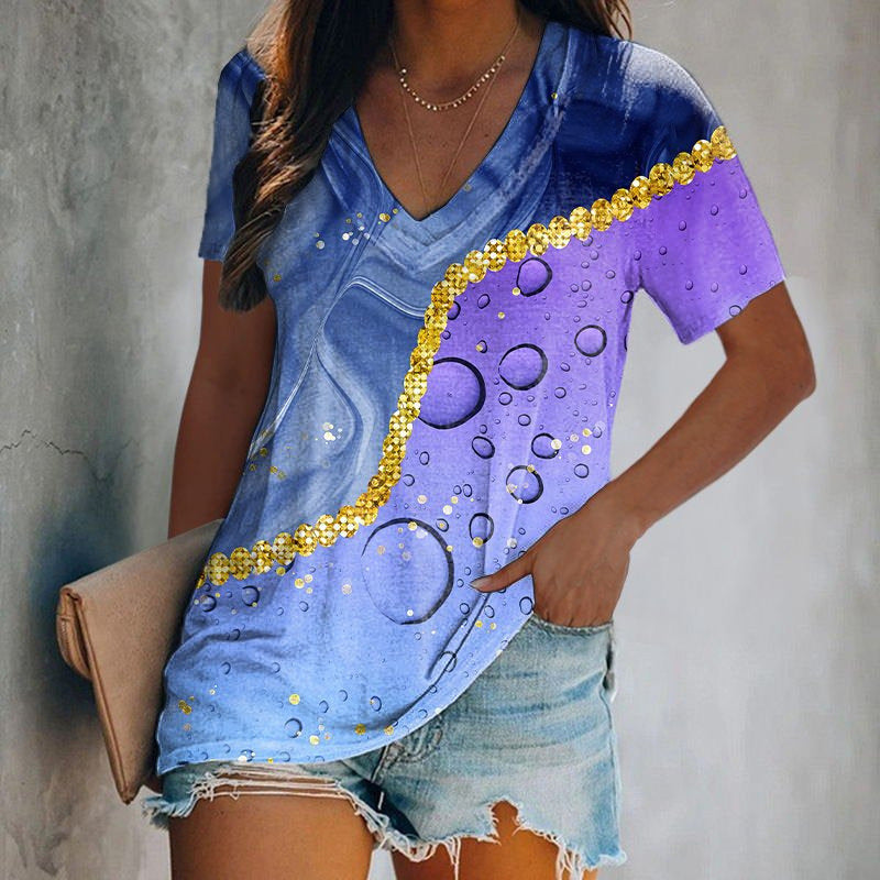 Gradient Tie-dye Printed V-neck Casual T-shirt Top