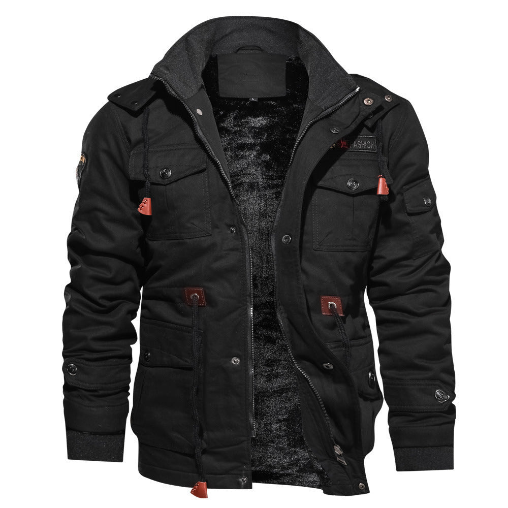 Winter Zip-up Coat Warm Thickened Detachable Hooded Jacket Multi-pocket Button Drawstring Long Sleeve Tops Men's Cargo Clothing