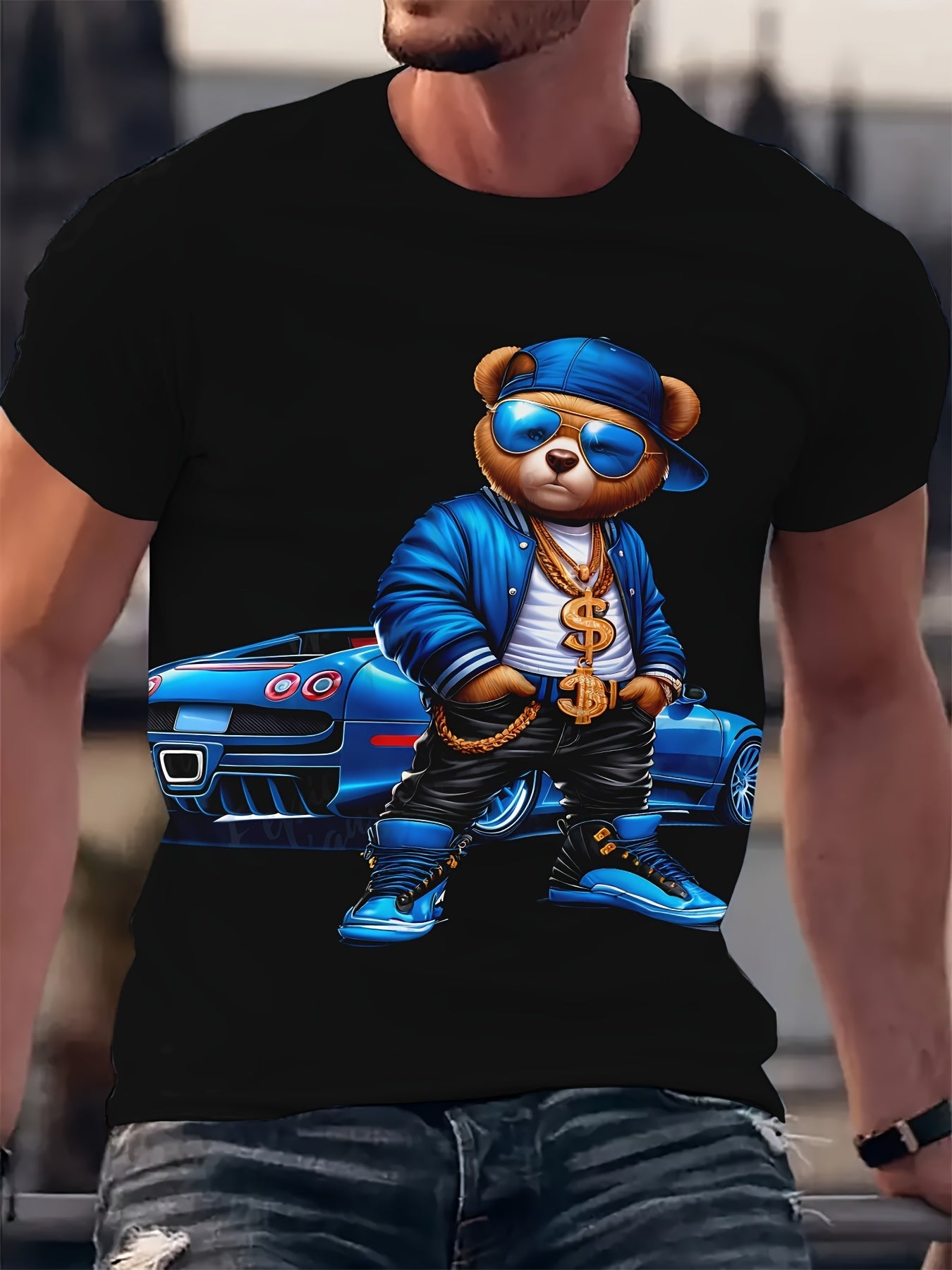 Men's Novelty T-shirt - Cool Bear Printed Casual Round Neck - Loose Short Sleeve - Cartoon Pattern T-shirt - Polyester Fabric - Easy To Care For