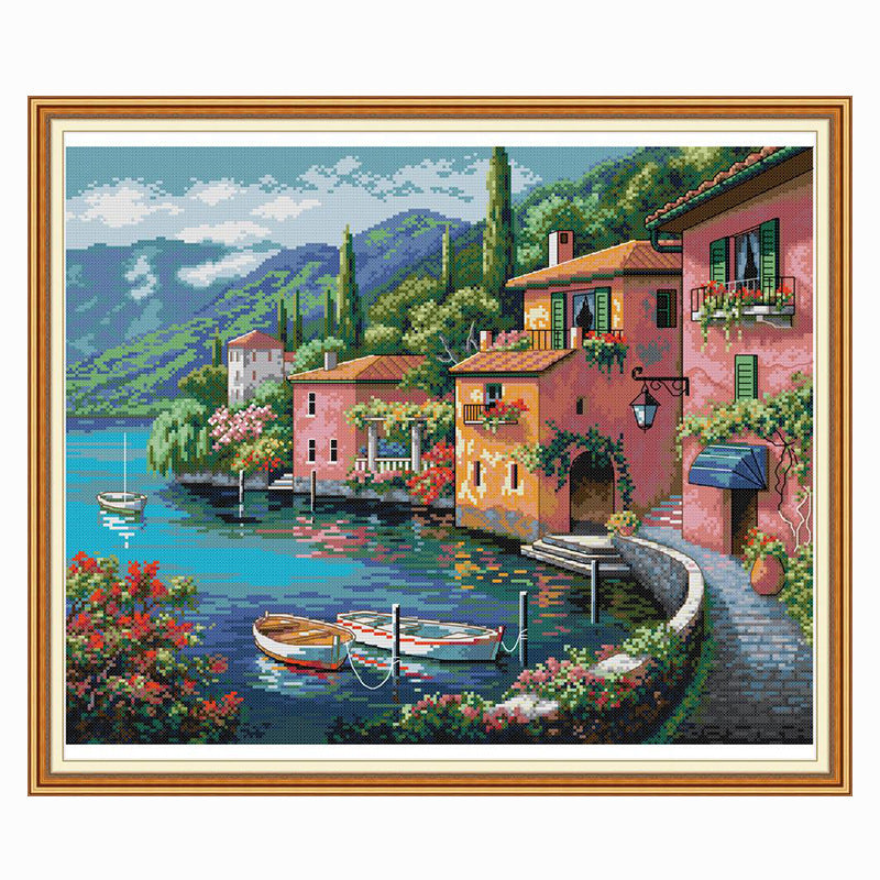 Color house cross stitch by the water