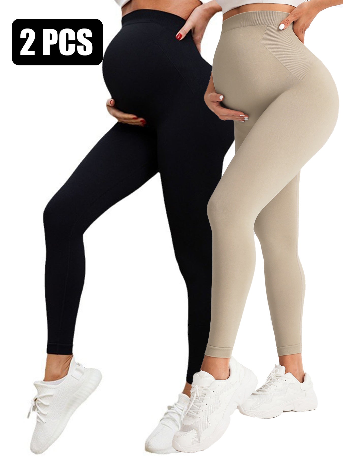 2 Pack Maternity High-Waisted Seamless Yoga Pants For Women - Tummy Support Fitness Leggings