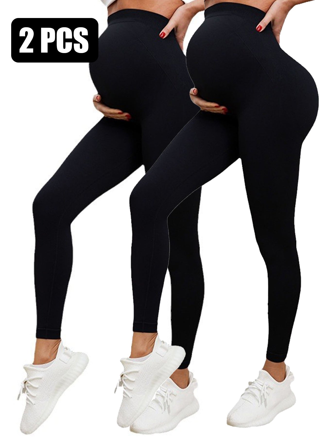 2 Pack Maternity High-Waisted Seamless Yoga Pants For Women - Tummy Support Fitness Leggings