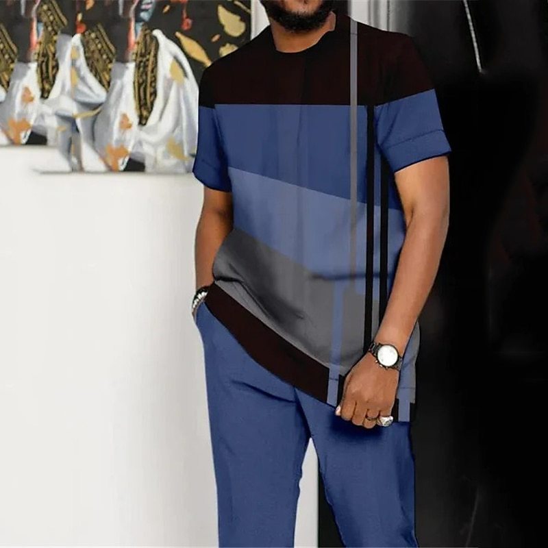 Men's Printed Color Block Pattern Sports Leisure Lining Suit