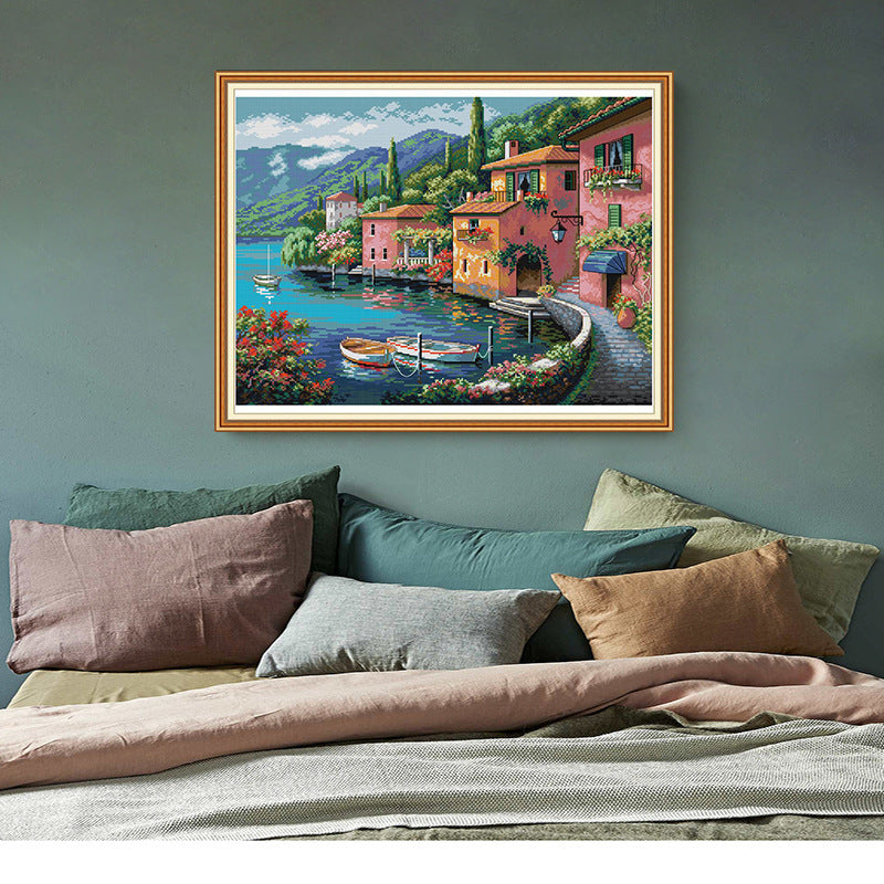 Color house cross stitch by the water