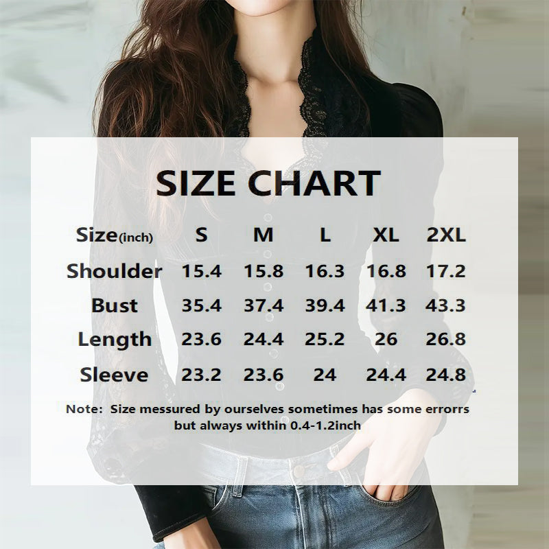 Women's Velvet & Lace Trim Top V-Neck Long Sleeve Blouse With Button Accent For Autumn And Winter
