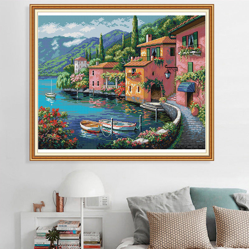 Color house cross stitch by the water