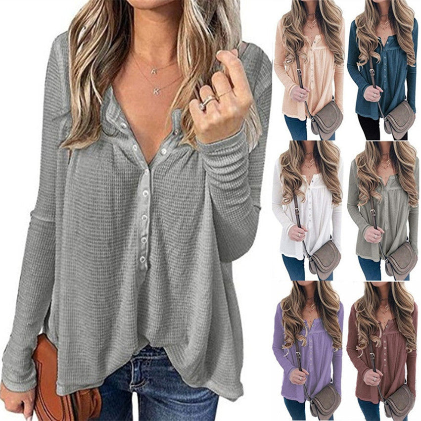European And American Women's Waffle Loose Button Long-sleeved Top
