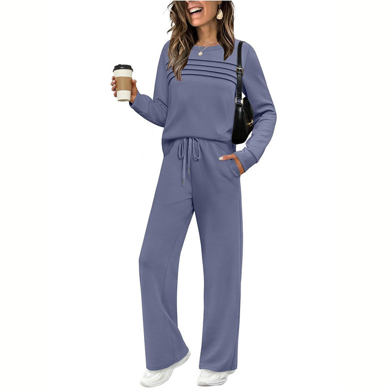Women's Solid Color 2-Piece Set, Crew Neck Long Sleeve Ruffle Design Top With Tie-Waist Wide Leg Pants For Spring And Fall