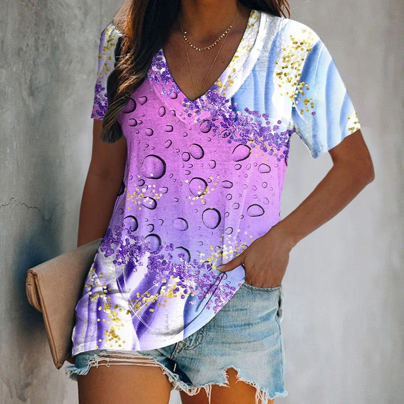Gradient Tie-dye Printed V-neck Casual T-shirt Top