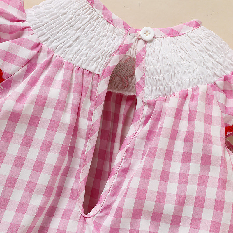 Newborn Baby Girls' Valentine's Day Smocked Romper Ruffle Sleeve Plaid Heart Embroidery Jumpsuit Casual Cute Romper