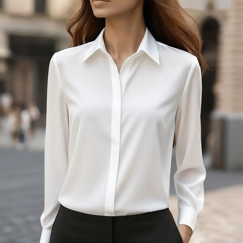 Women's Long Sleeve Satin Blouse, V Neck Loose Fit Tunic Top For Business Casual Office Fall