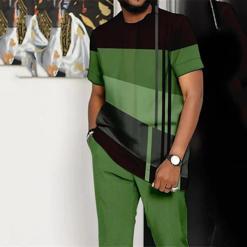 Men's Printed Color Block Pattern Sports Leisure Lining Suit
