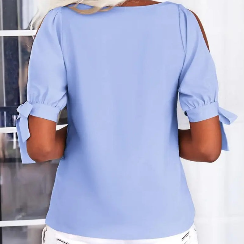 Womens Summer Cold Shoulder Tops Short Sleeve Tie Knot V Neck T Shirts Blouses
