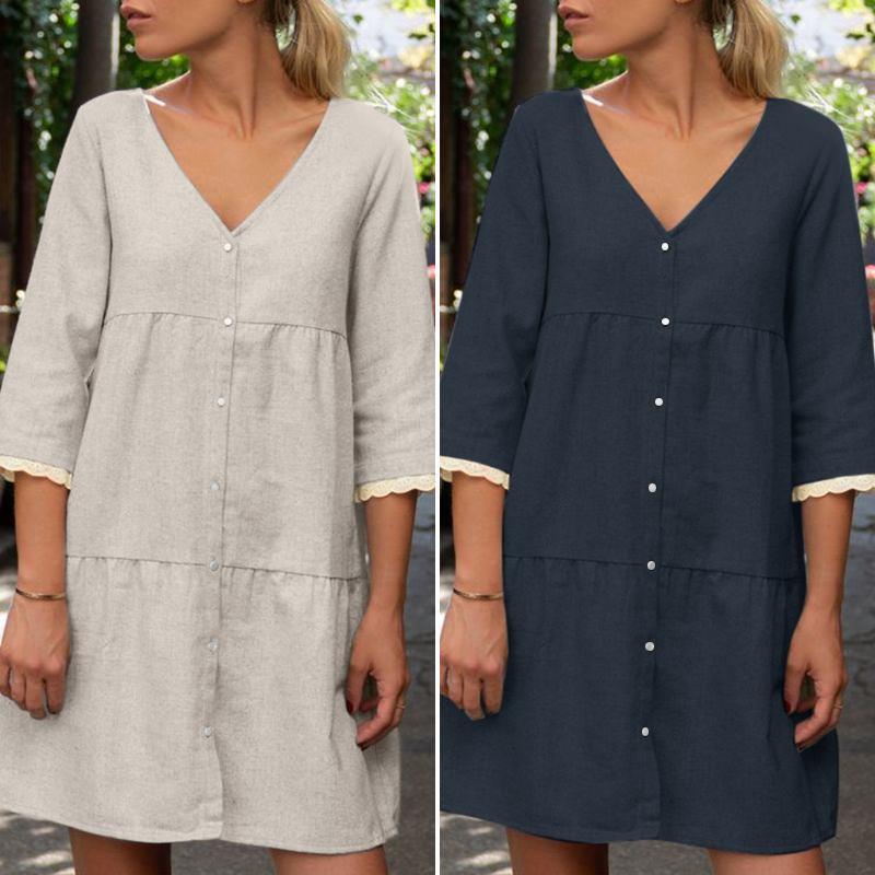 Solid Color Casual Stand Collar Button Length Dress