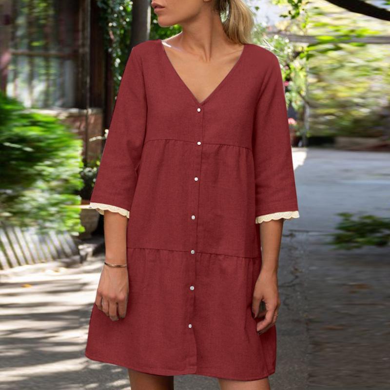 Solid Color Casual Stand Collar Button Length Dress