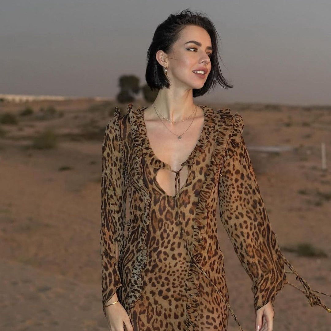 Leopard Print Dress Ruffled Front Slit Long Sleeve Skirt
