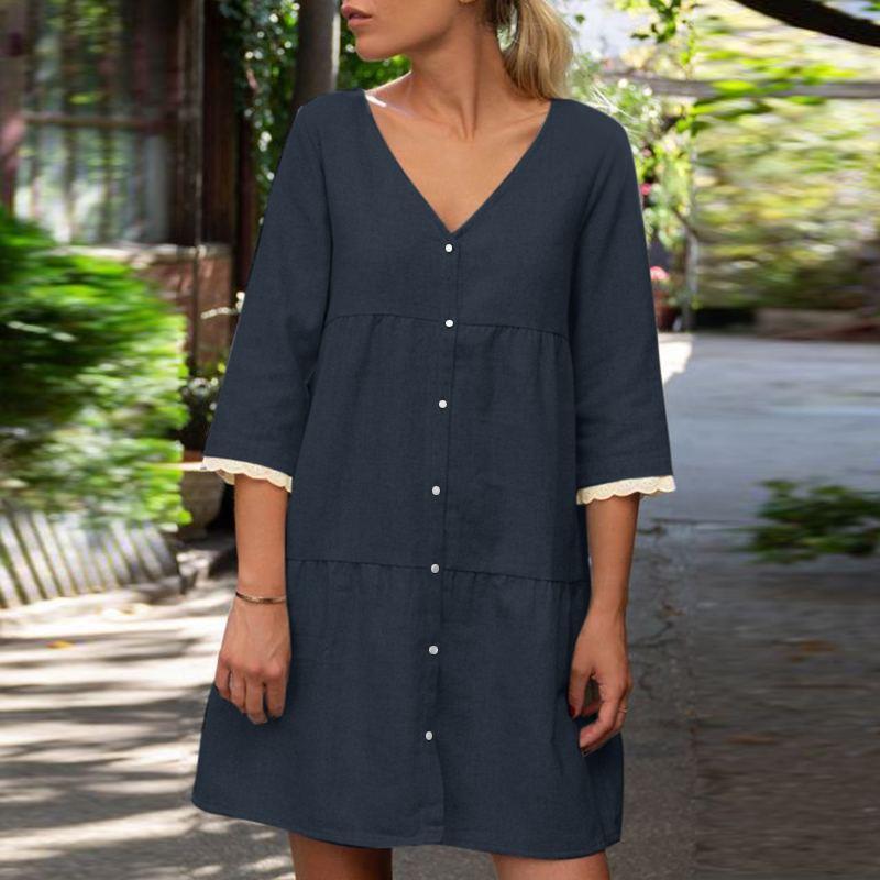 Solid Color Casual Stand Collar Button Length Dress