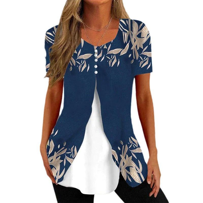 Summer New Women's Round Neck Printed Fake Two Pieces Short Sleeve Shawl Pullover T-shirt Tops